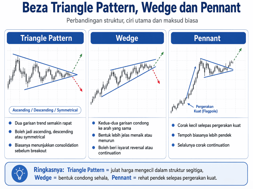 Beza triangle pattern wedge dan pennant pattern